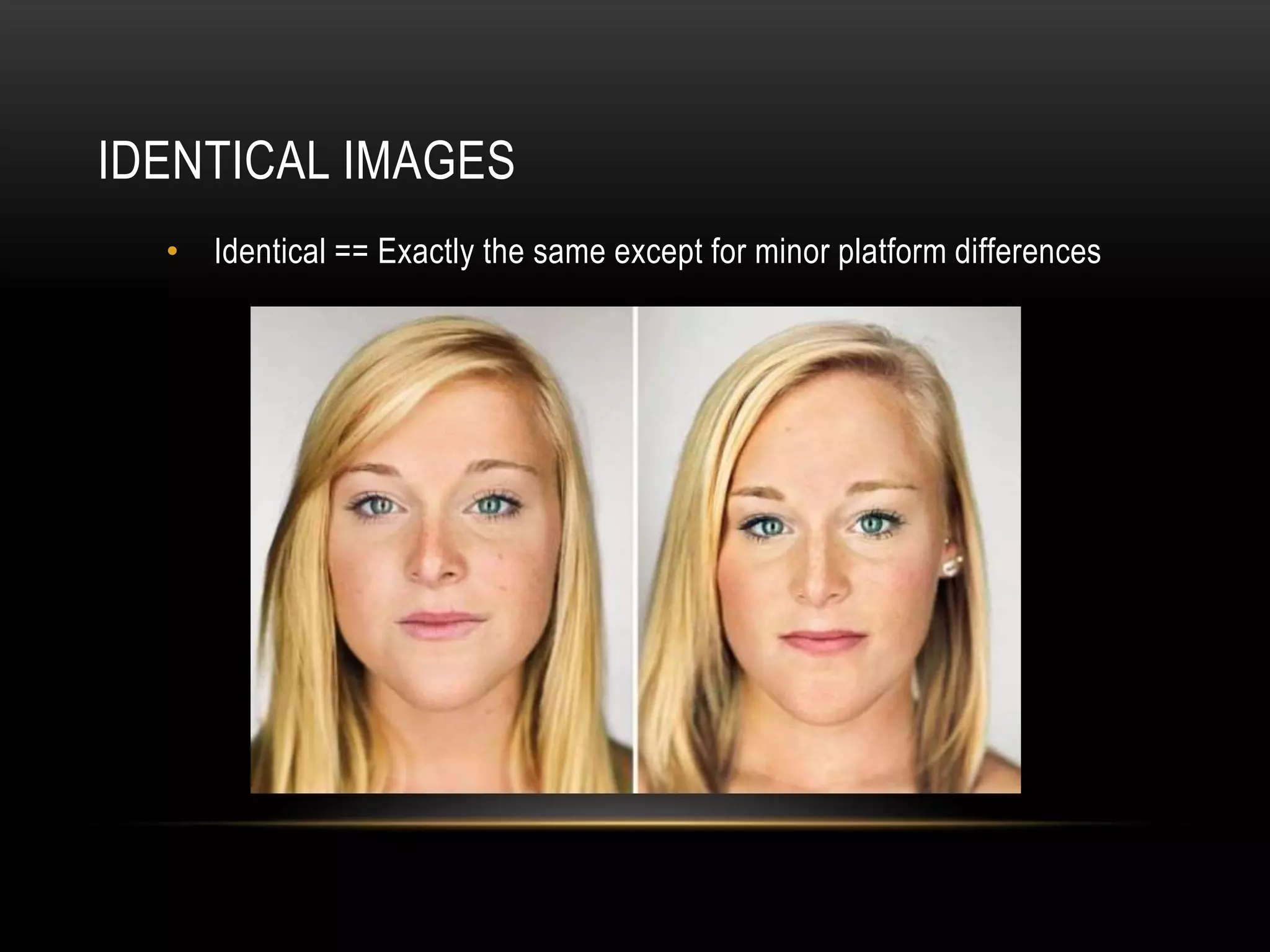 IDENTICAL IMAGES 
• Identical == Exactly the same except for minor platform differences 
 