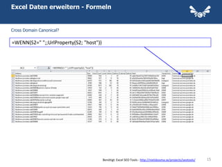 Excel Daten erweitern - Formeln


Cross Domain Canonical?

=WENN(S2=" ";;UrlProperty(S2; "host"))




                                         Benötigt: Excel SEO Tools - http://nielsbosma.se/projects/seotools/   15
 