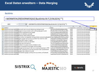 Excel Daten erweitern – Data Merging


Backlinks

=WENNFEHLER(SVERWEIS(A2;Backlinks!A:F;2;FALSCH);"")




                                                      17
 