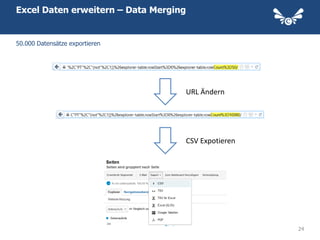 Excel Daten erweitern – Data Merging


50.000 Datensätze exportieren




                                       URL Ändern




                                       CSV Expotieren




                                                        24
 