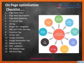 On Page optimization 
Checklist….. 
1. Page Meta Titles. 
2. Page Meta Descriptions. 
3. Page Meta Keywords. 
4. H1 and H2 Tags. 
5. Alt Tag. 
6. Proper site navigation. 
7. XML and HTML Site Map. 
8. Canonical Tag. 
9. Anchor text. 
10. Google Analytics. 
11. Google Webmaster Tool. 
12. Robort.txt File. 
13. W3C validation. 
14. 301 Redirect Page. 
15. 404 Error Page. 
www.digitalmarketing.ac.in 
 