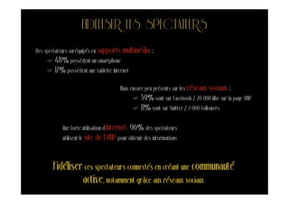 FIDÉLISER LES SPECTATEURS
Des spectateurs suréquipés en supports multimédia :
    ☞ 48% possèdent un smartphone
    ☞ 17% possèdent une tablette Internet

                                       Mais encore peu présents sur les réseaux sociaux   :
                                             ☞ 39% sont sur Facebook / 20 000 like sur la page ONP
                                             ☞ 11% sont sur Twitter / 2 000 followers


           Une forte utilisation d’Internet : 96% des spectateurs
           utilisent le site de l’ONP pour obtenir des informations



        Fidéliser ces spectateurs connectés en créant une communauté
                 active, notamment grâce aux réseaux sociaux
 
