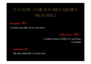 LE CONSTAT : L’OUTIL DE LA DÉMOCRATISATION
                   PAR EXCELLENCE
Informations : 96%
Le media le plus utilisé par les spectateurs

                                                             Achat de places : 90,3%
                                          Le meilleur moyen de fidéliser les spectateurs
                                                                            occasionnels

    Satisfaction : 76%
    Une marge importante de progression
 