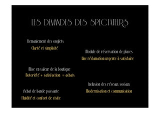 LES DEMANDES DES SPECTATEURS
    Remaniement des onglets
       Clarté et simplicité
                                         Module de réservation de places
                                       Une réclamation urgente à satisfaire

     Mise en valeur de la boutique
   Notoriété + satisfaction = achats
                                           Inclusion des réseaux sociaux
 Achat de bande passante                 Modernisation et communication
Fluidité et confort de visite
 