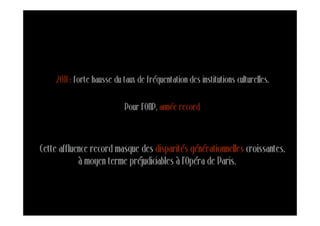 2011 : forte hausse du taux de fréquentation des institutions culturelles.

                           Pour l’ONP, année record



Cette affluence record masque des disparités générationnelles croissantes,
            à moyen terme préjudiciables à l’Opéra de Paris.%
 
