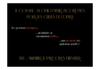 LE CONSTAT : UN OUTIL D’AVENIR, ENCORE PLUS
         POUR LES CLIENTS DE L’OPÉRA

Des spectateurs suréquipés…
                        … aux habitudes de
                        consommations mobiles…
                                                 … mais mécontents des
                                                 applications actuelles !




        BUT : SIMPLIFIER LE PARCOURS UTILISATEUR
 