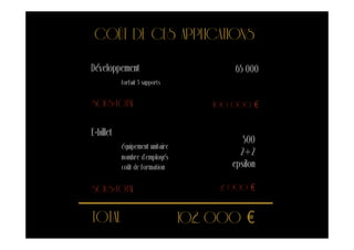 COÛT DE CES APPLICATIONS
Développement                            65 000
           forfait 3 supports


SOUS-TOTAL                           100 000 €

E-billet
                                           500
           équipement unitaire
           nombre d’employés
                                          2+2
           coût de formation            epsilon

SOUS-TOTAL                            2 000 €


TOTAL                            102 000 €
 