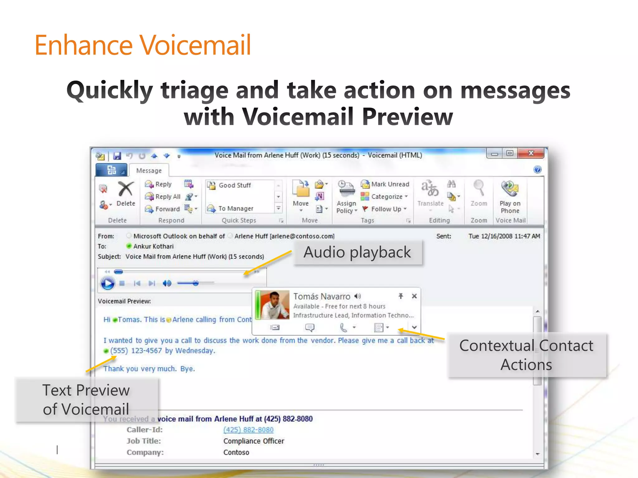 Audio playback




                                Contextual Contact
                                     Actions
Text Preview
of Voicemail
 