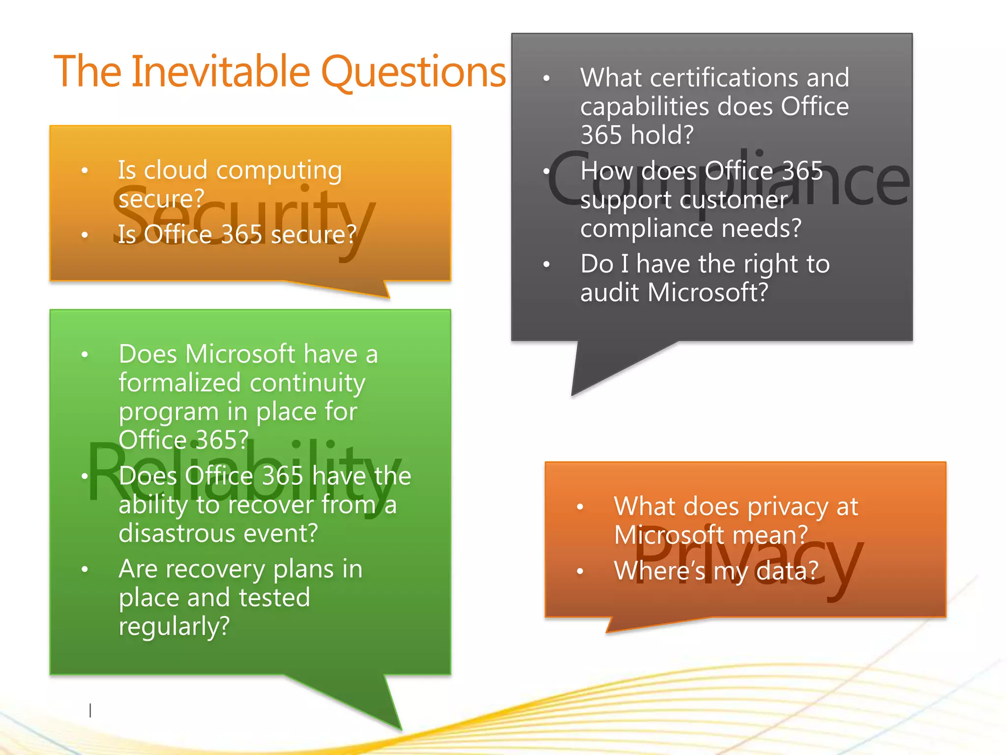 •   What certifications and
                                    capabilities does Office
                                    365 hold?
    Is cloud computing              How does Office 365

    Security
•                               •
    secure?                         support customer
•   Is Office 365 secure?           compliance needs?
                                •   Do I have the right to
                                    audit Microsoft?

•   Does Microsoft have a
    formalized continuity
    program in place for
    Office 365?
•   Does Office 365 have the
    ability to recover from a       •   What does privacy at
    disastrous event?                   Microsoft mean?
•   Are recovery plans in           •   Where’s my data?
    place and tested
    regularly?
 