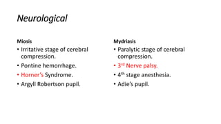 Neurological
Miosis
• Irritative stage of cerebral
compression.
• Pontine hemorrhage.
• Horner’s Syndrome.
• Argyll Robertson pupil.
Mydriasis
• Paralytic stage of cerebral
compression.
• 3rd Nerve palsy.
• 4th stage anesthesia.
• Adie’s pupil.
 