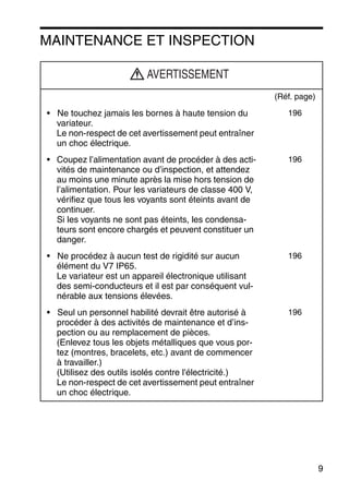 9
MAINTENANCE ET INSPECTION
(Réf. page)
• Ne touchez jamais les bornes à haute tension du
variateur.
Le non-respect de cet avertissement peut entraîner
un choc électrique.
196
• Coupez l’alimentation avant de procéder à des acti-
vités de maintenance ou d’inspection, et attendez
au moins une minute après la mise hors tension de
l’alimentation. Pour les variateurs de classe 400 V,
vérifiez que tous les voyants sont éteints avant de
continuer.
Si les voyants ne sont pas éteints, les condensa-
teurs sont encore chargés et peuvent constituer un
danger.
196
• Ne procédez à aucun test de rigidité sur aucun
élément du V7 IP65.
Le variateur est un appareil électronique utilisant
des semi-conducteurs et il est par conséquent vul-
nérable aux tensions élevées.
196
• Seul un personnel habilité devrait être autorisé à
procéder à des activités de maintenance et d’ins-
pection ou au remplacement de pièces.
(Enlevez tous les objets métalliques que vous por-
tez (montres, bracelets, etc.) avant de commencer
à travailler.)
(Utilisez des outils isolés contre l'électricité.)
Le non-respect de cet avertissement peut entraîner
un choc électrique.
196
AVERTISSEMENT
 