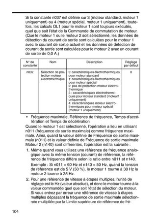104
Si la constante n037 est définie sur 3 (moteur standard, moteur 1
uniquement) ou 4 (moteur spécial, moteur 1 uniquement), toute-
fois, les calculs OL1 pour le moteur 1 sont toujours exécutés,
quel que soit l'état de la Commande de commutation de moteur.
(Que le moteur 1 ou le moteur 2 soit sélectionné, les données de
détection du courant de sortie sont calculées pour le moteur 1
avec le courant de sortie actuel et les données de détection de
courant de sortie sont calculées pour le moteur 2 avec un courant
de sortie de 0,0 A.)
• Fréquence maximale, Référence de fréquence, Temps d'accé-
lération et Temps de décélération
Quand le moteur 1 est sélectionné, l'opération a lieu en utilisant
n011 (fréquence de sortie maximale) comme fréquence maxi-
male. Ainsi, quand la valeur définie de Fréquence de sortie maxi-
male (n011) et la valeur définie de Fréquence de sortie maximale
Moteur 2 (n140) sont différentes, l'opération est la suivante :
1. Même quand vous utilisez une référence de fréquence analo-
gique avec la même tension (courant) de référence, la réfé-
rence de fréquence diffère selon le ratio entre n011 et n140.
Exemple : Si n011 = 60 Hz et n140 = 50 Hz, quand la tension
de référence est de 5 V (50 %), le moteur 1 tourne à 30 Hz le
moteur 2 tourne à 25 Hz.
2. Pour une référence de vitesse à étapes multiples, l'unité de
réglage est le Hz (valeur absolue), et donc le moteur tourne à la
valeur commandée quel que soit l'état de sélection du moteur.
Si vous entrez par erreur une référence de vitesse à étapes
multiples dépassant la fréquence de sortie maximale sélection-
née multipliée par la Limite supérieure de référence de fré-
N° de
constante
Nom Description Réglage
par défaut
n037 Sélection de pro-
tection moteur
électrothermique
0: caractéristiques électrothermiques
pour moteur standard
1: caractéristiques électrothermiques
pour moteur spécial
2: pas de protection moteur électro-
thermique
3 : caractéristiques électrothermi-
ques pour moteur standard (moteur1
uniquement)
4: caractéristiques moteur électro-
thermiques pour moteur spécial
(moteur 1 uniquement)
0
 