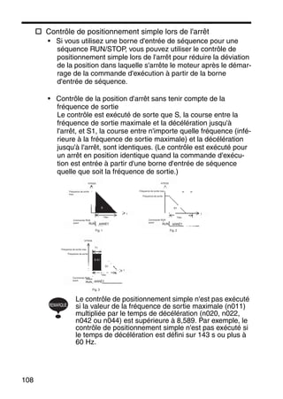 108
Contrôle de positionnement simple lors de l'arrêt
• Si vous utilisez une borne d'entrée de séquence pour une
séquence RUN/STOP, vous pouvez utiliser le contrôle de
positionnement simple lors de l'arrêt pour réduire la déviation
de la position dans laquelle s'arrête le moteur après le démar-
rage de la commande d'exécution à partir de la borne
d'entrée de séquence.
• Contrôle de la position d'arrêt sans tenir compte de la
fréquence de sortie
Le contrôle est exécuté de sorte que S, la course entre la
fréquence de sortie maximale et la décélération jusqu'à
l'arrêt, et S1, la course entre n'importe quelle fréquence (infé-
rieure à la fréquence de sortie maximale) et la décélération
jusqu'à l'arrêt, sont identiques. (Le contrôle est exécuté pour
un arrêt en position identique quand la commande d'exécu-
tion est entrée à partir d'une borne d'entrée de séquence
quelle que soit la fréquence de sortie.)
Le contrôle de positionnement simple n'est pas exécuté
si la valeur de la fréquence de sortie maximale (n011)
multipliée par le temps de décélération (n020, n022,
n042 ou n044) est supérieure à 8,589. Par exemple, le
contrôle de positionnement simple n'est pas exécuté si
le temps de décélération est défini sur 143 s ou plus à
60 Hz.
t
t
t
S1S
T1
S1
S-S1
VITESS
Fréquence de sortie
max.
Tdec
Commande RUN
avant RUN ARRÊT
VITESS
Fréquence de sortie max.
Fréquence de sortie
Commande RUN
avant
Tdec
RUN ARRÊT
Fig. 1 Fig. 2
VITESS
Fréquence de sortie max.
Fréquence de sortie
Tdec
Commande RUN
avant
RUN ARRÊT
Fig. 3
REMARQUE
 