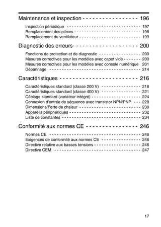 17
Maintenance et inspection - - - - - - - - - - - - - - - - - 196
Inspection périodique - - - - - - - - - - - - - - - - - - - - - - - - - - - - - - 197
Remplacement des pièces - - - - - - - - - - - - - - - - - - - - - - - - - - - 198
Remplacement du ventilateur - - - - - - - - - - - - - - - - - - - - - - - - - 199
Diagnostic des erreurs- - - - - - - - - - - - - - - - - - - - 200
Fonctions de protection et de diagnostic - - - - - - - - - - - - - - - - - 200
Mesures correctives pour les modèles avec capot vide - - - - - - - 200
Mesures correctives pour les modèles avec console numérique 201
Dépannage - - - - - - - - - - - - - - - - - - - - - - - - - - - - - - - - - - - - - 214
Caractéristiques - - - - - - - - - - - - - - - - - - - - - - - - 216
Caractéristiques standard (classe 200 V) - - - - - - - - - - - - - - - - 216
Caractéristiques standard (classe 400 V) - - - - - - - - - - - - - - - - 221
Câblage standard (variateur intégré) - - - - - - - - - - - - - - - - - - - - 224
Connexion d'entrée de séquence avec transistor NPN/PNP - - - 228
Dimensions/Perte de chaleur - - - - - - - - - - - - - - - - - - - - - - - - - 230
Appareils périphériques - - - - - - - - - - - - - - - - - - - - - - - - - - - - - 232
Liste de constantes - - - - - - - - - - - - - - - - - - - - - - - - - - - - - - - - 234
Conformité aux normes CE - - - - - - - - - - - - - - - - 246
Normes CE - - - - - - - - - - - - - - - - - - - - - - - - - - - - - - - - - - - - - 246
Exigences de conformité aux normes CE - - - - - - - - - - - - - - - - 246
Directive relative aux basses tensions - - - - - - - - - - - - - - - - - - - 246
Directive CEM - - - - - - - - - - - - - - - - - - - - - - - - - - - - - - - - - - - 247
 