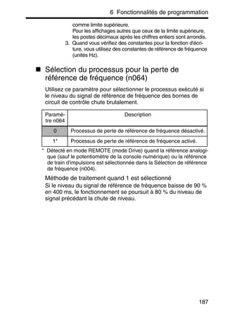 6 Fonctionnalités de programmation
187
comme limite supérieure.
Pour les affichages autres que ceux de la limite supérieure,
les postes décimaux après les chiffres entiers sont arrondis.
3. Quand vous vérifiez des constantes pour la fonction d'écri-
ture, vous utilisez des constantes de référence de fréquence
(unités Hz).
Sélection du processus pour la perte de
référence de fréquence (n064)
Utilisez ce paramètre pour sélectionner le processus exécuté si
le niveau du signal de référence de fréquence des bornes de
circuit de contrôle chute brutalement.
* Détecté en mode REMOTE (mode Drive) quand la référence analogi-
que (sauf le potentiomètre de la console numérique) ou la référence
de train d'impulsions est sélectionnée dans la Sélection de référence
de fréquence (n004).
Méthode de traitement quand 1 est sélectionné
Si le niveau du signal de référence de fréquence baisse de 90 %
en 400 ms, le fonctionnement se poursuit à 80 % du niveau de
signal précédant la chute de niveau.
Paramè-
tre n064
Description
0 Processus de perte de référence de fréquence désactivé.
1* Processus de perte de référence de fréquence activé.
 