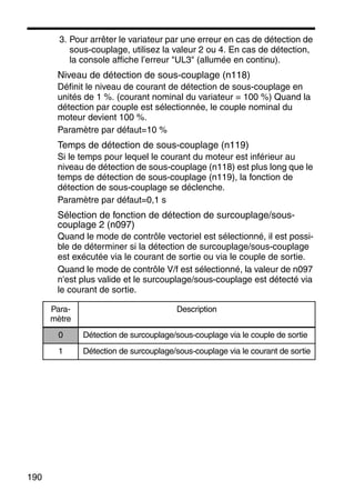 190
3. Pour arrêter le variateur par une erreur en cas de détection de
sous-couplage, utilisez la valeur 2 ou 4. En cas de détection,
la console affiche l’erreur "UL3" (allumée en continu).
Niveau de détection de sous-couplage (n118)
Définit le niveau de courant de détection de sous-couplage en
unités de 1 %. (courant nominal du variateur = 100 %) Quand la
détection par couple est sélectionnée, le couple nominal du
moteur devient 100 %.
Paramètre par défaut=10 %
Temps de détection de sous-couplage (n119)
Si le temps pour lequel le courant du moteur est inférieur au
niveau de détection de sous-couplage (n118) est plus long que le
temps de détection de sous-couplage (n119), la fonction de
détection de sous-couplage se déclenche.
Paramètre par défaut=0,1 s
Sélection de fonction de détection de surcouplage/sous-
couplage 2 (n097)
Quand le mode de contrôle vectoriel est sélectionné, il est possi-
ble de déterminer si la détection de surcouplage/sous-couplage
est exécutée via le courant de sortie ou via le couple de sortie.
Quand le mode de contrôle V/f est sélectionné, la valeur de n097
n'est plus valide et le surcouplage/sous-couplage est détecté via
le courant de sortie.
Para-
mètre
Description
0 Détection de surcouplage/sous-couplage via le couple de sortie
1 Détection de surcouplage/sous-couplage via le courant de sortie
 