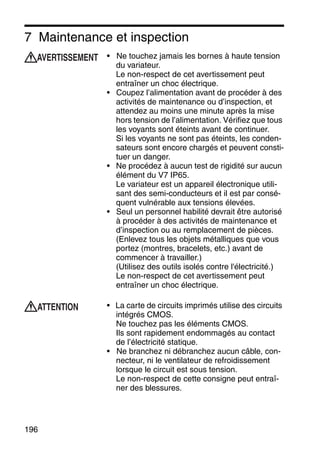 196
7 Maintenance et inspection
• Ne touchez jamais les bornes à haute tension
du variateur.
Le non-respect de cet avertissement peut
entraîner un choc électrique.
• Coupez l’alimentation avant de procéder à des
activités de maintenance ou d’inspection, et
attendez au moins une minute après la mise
hors tension de l’alimentation. Vérifiez que tous
les voyants sont éteints avant de continuer.
Si les voyants ne sont pas éteints, les conden-
sateurs sont encore chargés et peuvent consti-
tuer un danger.
• Ne procédez à aucun test de rigidité sur aucun
élément du V7 IP65.
Le variateur est un appareil électronique utili-
sant des semi-conducteurs et il est par consé-
quent vulnérable aux tensions élevées.
• Seul un personnel habilité devrait être autorisé
à procéder à des activités de maintenance et
d’inspection ou au remplacement de pièces.
(Enlevez tous les objets métalliques que vous
portez (montres, bracelets, etc.) avant de
commencer à travailler.)
(Utilisez des outils isolés contre l'électricité.)
Le non-respect de cet avertissement peut
entraîner un choc électrique.
• La carte de circuits imprimés utilise des circuits
intégrés CMOS.
Ne touchez pas les éléments CMOS.
Ils sont rapidement endommagés au contact
de l’électricité statique.
• Ne branchez ni débranchez aucun câble, con-
necteur, ni le ventilateur de refroidissement
lorsque le circuit est sous tension.
Le non-respect de cette consigne peut entraî-
ner des blessures.
AVERTISSEMENT
ATTENTION
 