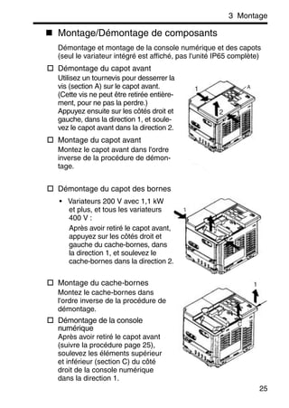3 Montage
25
Montage/Démontage de composants
Démontage et montage de la console numérique et des capots
(seul le variateur intégré est affiché, pas l'unité IP65 complète)
Démontage du capot avant
Utilisez un tournevis pour desserrer la
vis (section A) sur le capot avant.
(Cette vis ne peut être retirée entière-
ment, pour ne pas la perdre.)
Appuyez ensuite sur les côtés droit et
gauche, dans la direction 1, et soule-
vez le capot avant dans la direction 2.
Montage du capot avant
Montez le capot avant dans l'ordre
inverse de la procédure de démon-
tage.
Démontage du capot des bornes
• Variateurs 200 V avec 1,1 kW
et plus, et tous les variateurs
400 V :
Après avoir retiré le capot avant,
appuyez sur les côtés droit et
gauche du cache-bornes, dans
la direction 1, et soulevez le
cache-bornes dans la direction 2.
Montage du cache-bornes
Montez le cache-bornes dans
l'ordre inverse de la procédure de
démontage.
Démontage de la console
numérique
Après avoir retiré le capot avant
(suivre la procédure page 25),
soulevez les éléments supérieur
et inférieur (section C) du côté
droit de la console numérique
dans la direction 1.
1
12
A
C
 