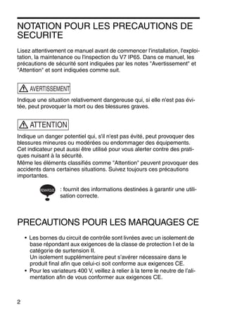2
NOTATION POUR LES PRECAUTIONS DE
SECURITE
Lisez attentivement ce manuel avant de commencer l'installation, l'exploi-
tation, la maintenance ou l'inspection du V7 IP65. Dans ce manuel, les
précautions de sécurité sont indiquées par les notes "Avertissement" et
"Attention" et sont indiquées comme suit.
Indique une situation relativement dangereuse qui, si elle n'est pas évi-
tée, peut provoquer la mort ou des blessures graves.
Indique un danger potentiel qui, s'il n'est pas évité, peut provoquer des
blessures mineures ou modérées ou endommager des équipements.
Cet indicateur peut aussi être utilisé pour vous alerter contre des prati-
ques nuisant à la sécurité.
Même les éléments classifiés comme "Attention" peuvent provoquer des
accidents dans certaines situations. Suivez toujours ces précautions
importantes.
: fournit des informations destinées à garantir une utili-
sation correcte.
PRECAUTIONS POUR LES MARQUAGES CE
• Les bornes du circuit de contrôle sont livrées avec un isolement de
base répondant aux exigences de la classe de protection I et de la
catégorie de surtension II.
Un isolement supplémentaire peut s’avérer nécessaire dans le
produit final afin que celui-ci soit conforme aux exigences CE.
• Pour les variateurs 400 V, veillez à relier à la terre le neutre de l’ali-
mentation afin de vous conformer aux exigences CE.
AVERTISSEMENT
ATTENTION
REMARQUE
 