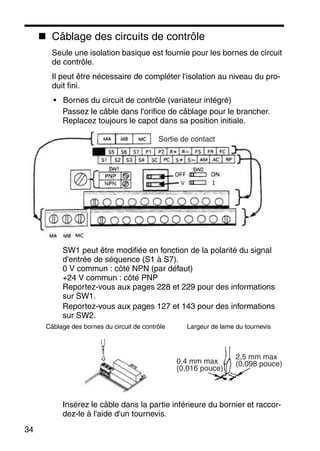 34
Câblage des circuits de contrôle
Seule une isolation basique est fournie pour les bornes de circuit
de contrôle.
Il peut être nécessaire de compléter l'isolation au niveau du pro-
duit fini.
• Bornes du circuit de contrôle (variateur intégré)
Passez le câble dans l'orifice de câblage pour le brancher.
Replacez toujours le capot dans sa position initiale.
SW1 peut être modifiée en fonction de la polarité du signal
d'entrée de séquence (S1 à S7).
0 V commun : côté NPN (par défaut)
+24 V commun : côté PNP
Reportez-vous aux pages 228 et 229 pour des informations
sur SW1.
Reportez-vous aux pages 127 et 143 pour des informations
sur SW2.
Insérez le câble dans la partie inférieure du bornier et raccor-
dez-le à l'aide d'un tournevis.
Sortie de contact
0,4 mm max
(0,016 pouce)
2,5 mm max
(0,098 pouce)
Largeur de lame du tournevisCâblage des bornes du circuit de contrôle
 