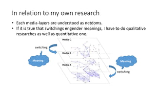 In relation to my own research
switching
switching
MeaningMeaning
• Each media-layers are understood as netdoms.
• If it is true that switchings engender meanings, I have to do qualitative
researches as well as quantitative one.
 