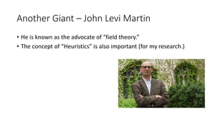 Another Giant – John Levi Martin
• He is known as the advocate of “field theory.”
• The concept of “Heuristics” is also important (for my research.)
 