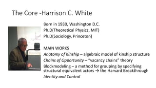 The Core -Harrison C. White
Born in 1930, Washington D.C.
Ph.D(Theoretical Physics, MIT)
Ph.D(Sociology, Princeton)
MAIN WORKS
Anatomy of Kinship – algebraic model of kinship structure
Chains of Opportunity – “vacancy chains” theory
Blockmodeling – a method for grouping by specifying
structural equivalent actors → the Harvard Breakthrough
Identity and Control
 