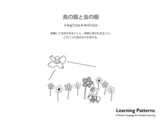 No.19 
鳥の眼と虫の眼 
—‰ǯ•Ǧ›‡Ƭ‹”†ǯ•Ǧ›‡ 
俯瞰して全体を見ることと、詳細に部分を見ること。 
この二つの視点を行き来する。 
Learning Patterns 
A Pattern Language for Creative Learning 
 
