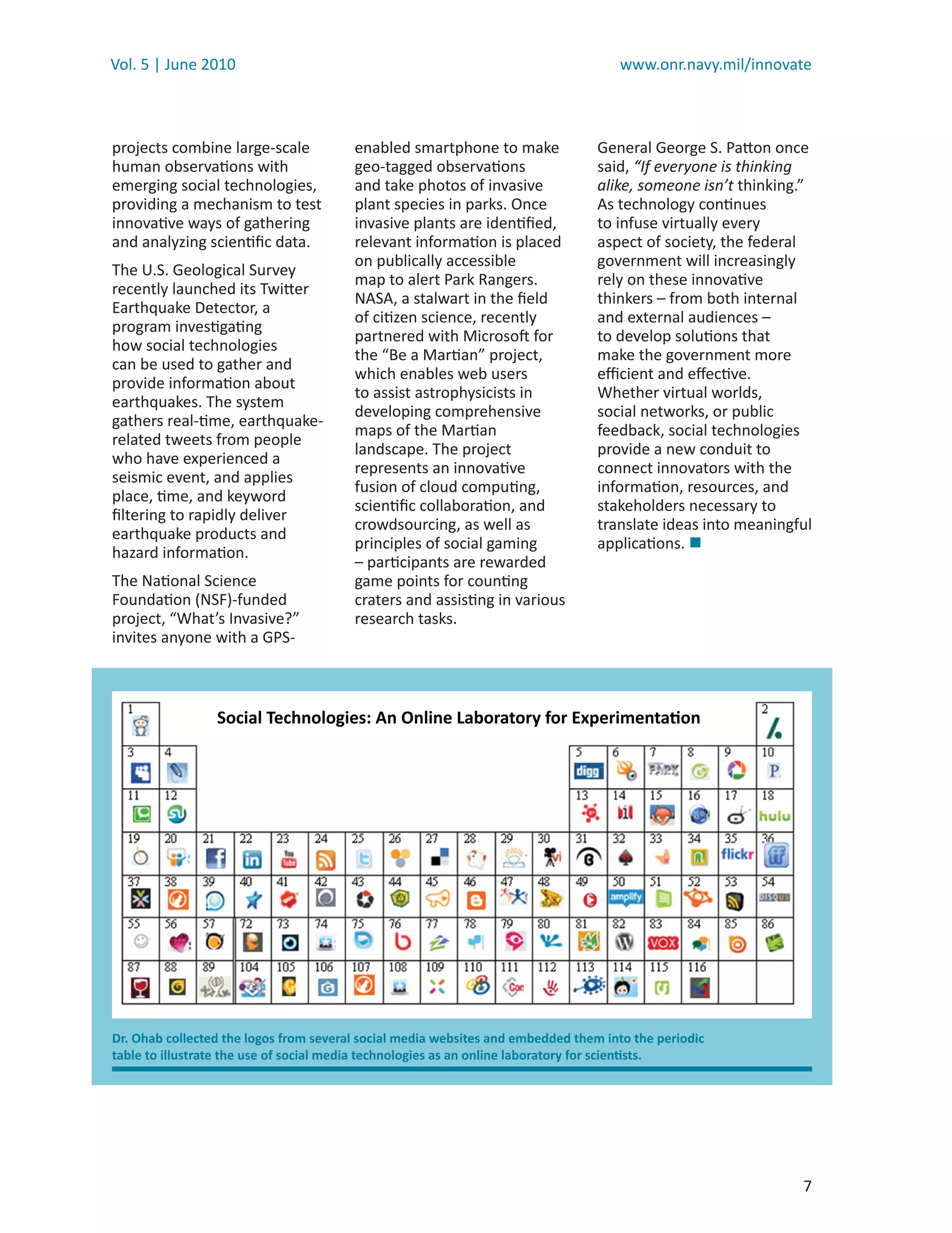 Vol. 5 | June 2010                                                                  www.onr.navy.mil/innovate



projects combine large-scale            enabled smartphone to make               General George S. Patton once
human observations with                 geo-tagged observations                  said, “If everyone is thinking
emerging social technologies,           and take photos of invasive              alike, someone isn’t thinking.”
providing a mechanism to test           plant species in parks. Once             As technology continues
innovative ways of gathering            invasive plants are identiﬁed,           to infuse virtually every
and analyzing scientiﬁc data.           relevant information is placed           aspect of society, the federal
                                        on publically accessible                 government will increasingly
The U.S. Geological Survey
                                        map to alert Park Rangers.               rely on these innovative
recently launched its Twitter
                                        NASA, a stalwart in the ﬁeld             thinkers – from both internal
Earthquake Detector, a
                                        of citizen science, recently             and external audiences –
program investigating
                                        partnered with Microsoft for             to develop solutions that
how social technologies
                                        the “Be a Martian” project,              make the government more
can be used to gather and
                                        which enables web users                  eﬃcient and eﬀective.
provide information about
                                        to assist astrophysicists in             Whether virtual worlds,
earthquakes. The system
                                        developing comprehensive                 social networks, or public
gathers real-time, earthquake-
                                        maps of the Martian                      feedback, social technologies
related tweets from people
                                        landscape. The project                   provide a new conduit to
who have experienced a
                                        represents an innovative                 connect innovators with the
seismic event, and applies
                                        fusion of cloud computing,               information, resources, and
place, time, and keyword
                                        scientiﬁc collaboration, and             stakeholders necessary to
ﬁltering to rapidly deliver
                                        crowdsourcing, as well as                translate ideas into meaningful
earthquake products and
                                        principles of social gaming              applications. 
hazard information.
                                        – participants are rewarded
The National Science                    game points for counting
Foundation (NSF)-funded                 craters and assisting in various
project, “What’s Invasive?”             research tasks.
invites anyone with a GPS-



                 Social Technologies: An Online Laboratory for Experimentation




Dr. Ohab collected the logos from several social media websites and embedded them into the periodic
table to illustrate the use of social media technologies as an online laboratory for scientists.




                                                                                                              7
 