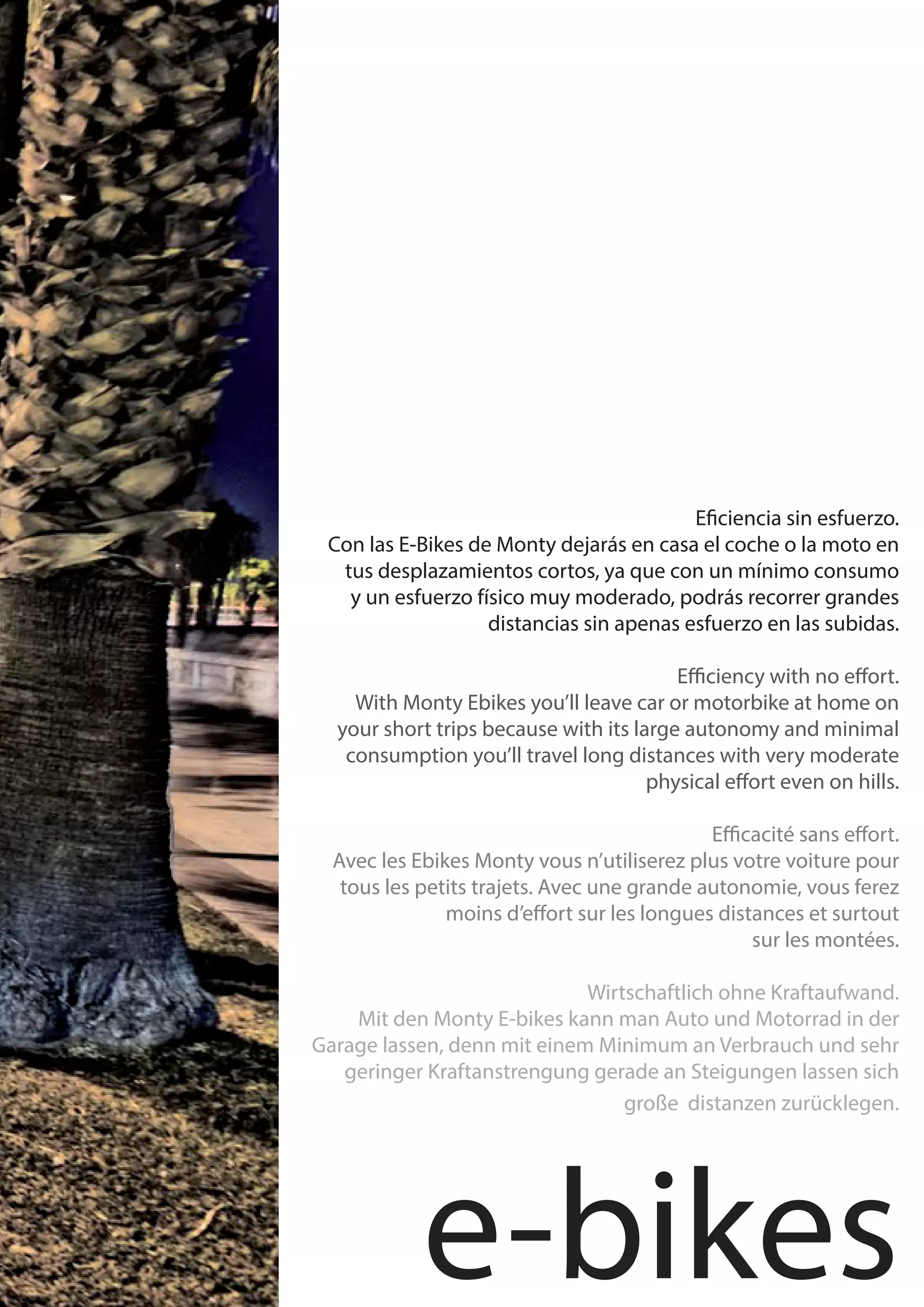 Eficiencia sin esfuerzo.
 Con las E-Bikes de Monty dejarás en casa el coche o la moto en
  tus desplazamientos cortos, ya que con un mínimo consumo
   y un esfuerzo físico muy moderado, podrás recorrer grandes
                   distancias sin apenas esfuerzo en las subidas.

                                         Efficiency with no effort.
    With Monty Ebikes you’ll leave car or motorbike at home on
  your short trips because with its large autonomy and minimal
   consumption you’ll travel long distances with very moderate
                                      physical effort even on hills.

                                             Efficacité sans effort.
  Avec les Ebikes Monty vous n’utiliserez plus votre voiture pour
   tous les petits trajets. Avec une grande autonomie, vous ferez
               moins d’effort sur les longues distances et surtout
                                                  sur les montées.

                             Wirtschaftlich ohne Kraftaufwand.
    Mit den Monty E-bikes kann man Auto und Motorrad in der
Garage lassen, denn mit einem Minimum an Verbrauch und sehr
   geringer Kraftanstrengung gerade an Steigungen lassen sich
                                 große distanzen zurücklegen.




            e-bikes
 