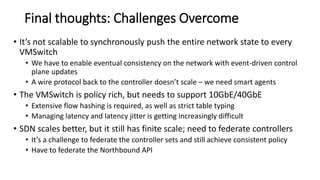 Final thoughts: Challenges Overcome
• It’s not scalable to synchronously push the entire network state to every
VMSwitch
• We have to enable eventual consistency on the network with event-driven control
plane updates
• A wire protocol back to the controller doesn’t scale – we need smart agents
• The VMSwitch is policy rich, but needs to support 10GbE/40GbE
• Extensive flow hashing is required, as well as strict table typing
• Managing latency and latency jitter is getting increasingly difficult
• SDN scales better, but it still has finite scale; need to federate controllers
• It’s a challenge to federate the controller sets and still achieve consistent policy
• Have to federate the Northbound API
 
