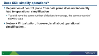 6
Does SDN simplify operations?
 Separation of control plane from data plane does not inherently
lead to operational simplification
• You still have the same number of devices to manage, the same amount of
network state
 Network Virtualization, however, is all about operational
simplification…
 
