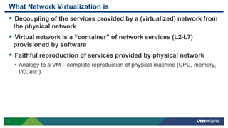 7
What Network Virtualization is
 Decoupling of the services provided by a (virtualized) network from
the physical network
 Virtual network is a “container” of network services (L2-L7)
provisioned by software
 Faithful reproduction of services provided by physical network
• Analogy to a VM – complete reproduction of physical machine (CPU, memory,
I/O, etc.)
 