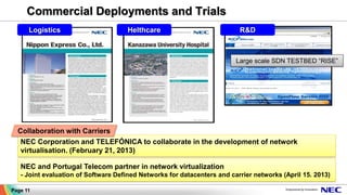 Commercial Deployments and Trials
HelthcareLogistics
Large scale SDN TESTBED “RISE”
R&D
NEC Corporation and TELEFÓNICA to collaborate in the development of network
virtualisation. (February 21, 2013)
NEC and Portugal Telecom partner in network virtualization
- Joint evaluation of Software Defined Networks for datacenters and carrier networks (April 15. 2013)
Page 11
Collaboration with Carriers
 
