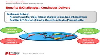 Open Networking Summit 2014
Spreading NFV through the Network: the ETSI NFV Use Cases
Benefits & Challenges : Continuous Delivery
Telecom Italia - All rights reserved
Continuous Delivery:
• No need to wait for major release changes to introduce enhancements
• Enabling A/B Testing of Service Concepts & Service Personalisation
Enterprise
Customer A
Enterprise
Customer A
Enterprise
Customer B
Enterprise
Customer B
 