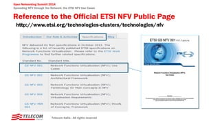 Open Networking Summit 2014
Spreading NFV through the Network: the ETSI NFV Use Cases
Reference to the Official ETSI NFV Public Page
Telecom Italia - All rights reserved
http://www.etsi.org/technologies-clusters/technologies/nfv
 