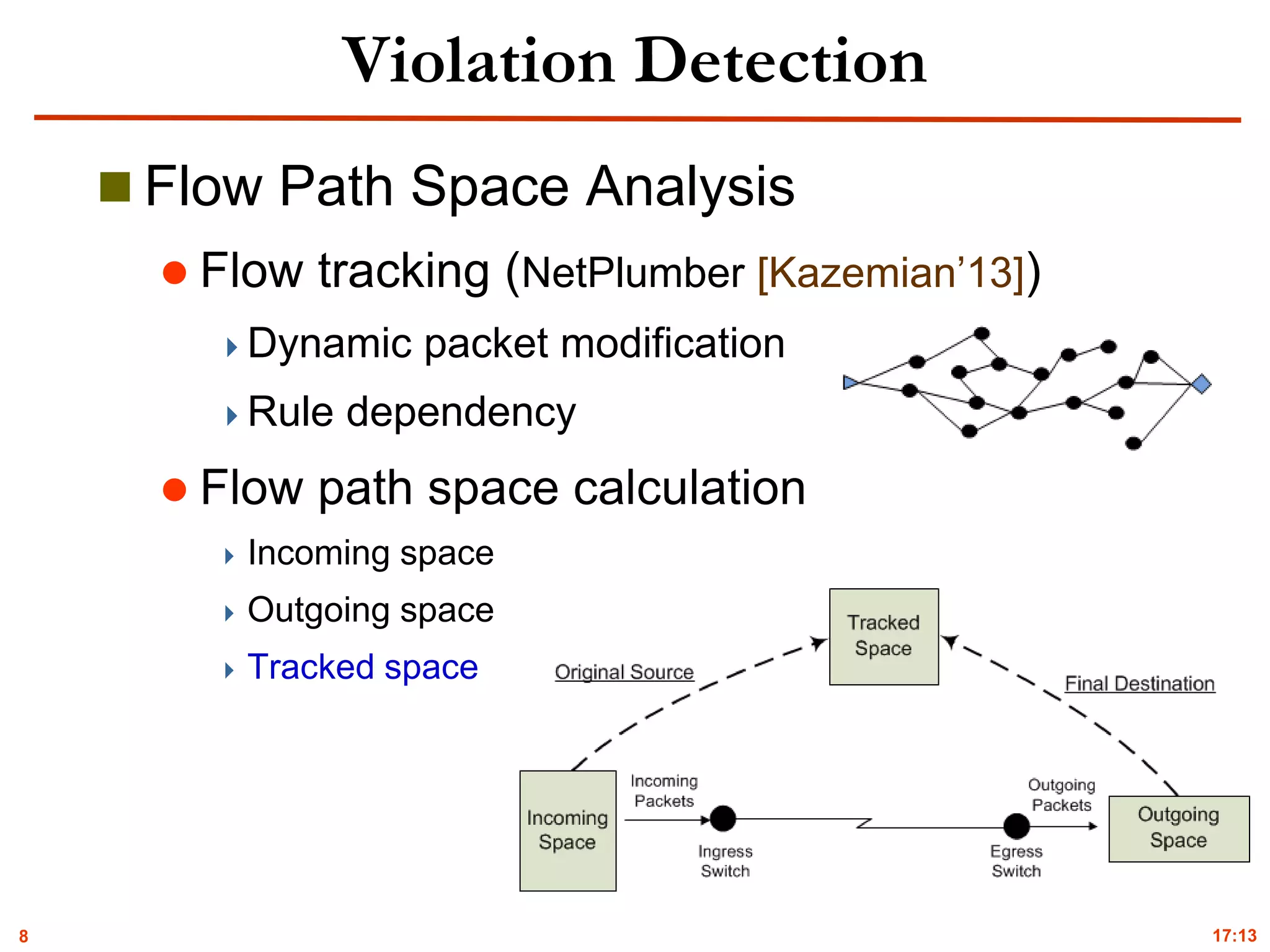 8
Violation Detection
 Flow Path Space Analysis
 Flow tracking (NetPlumber [Kazemian’13])
Dynamic packet modification
Rule dependency
 Flow path space calculation
 Incoming space
 Outgoing space
 Tracked space
17:13
 