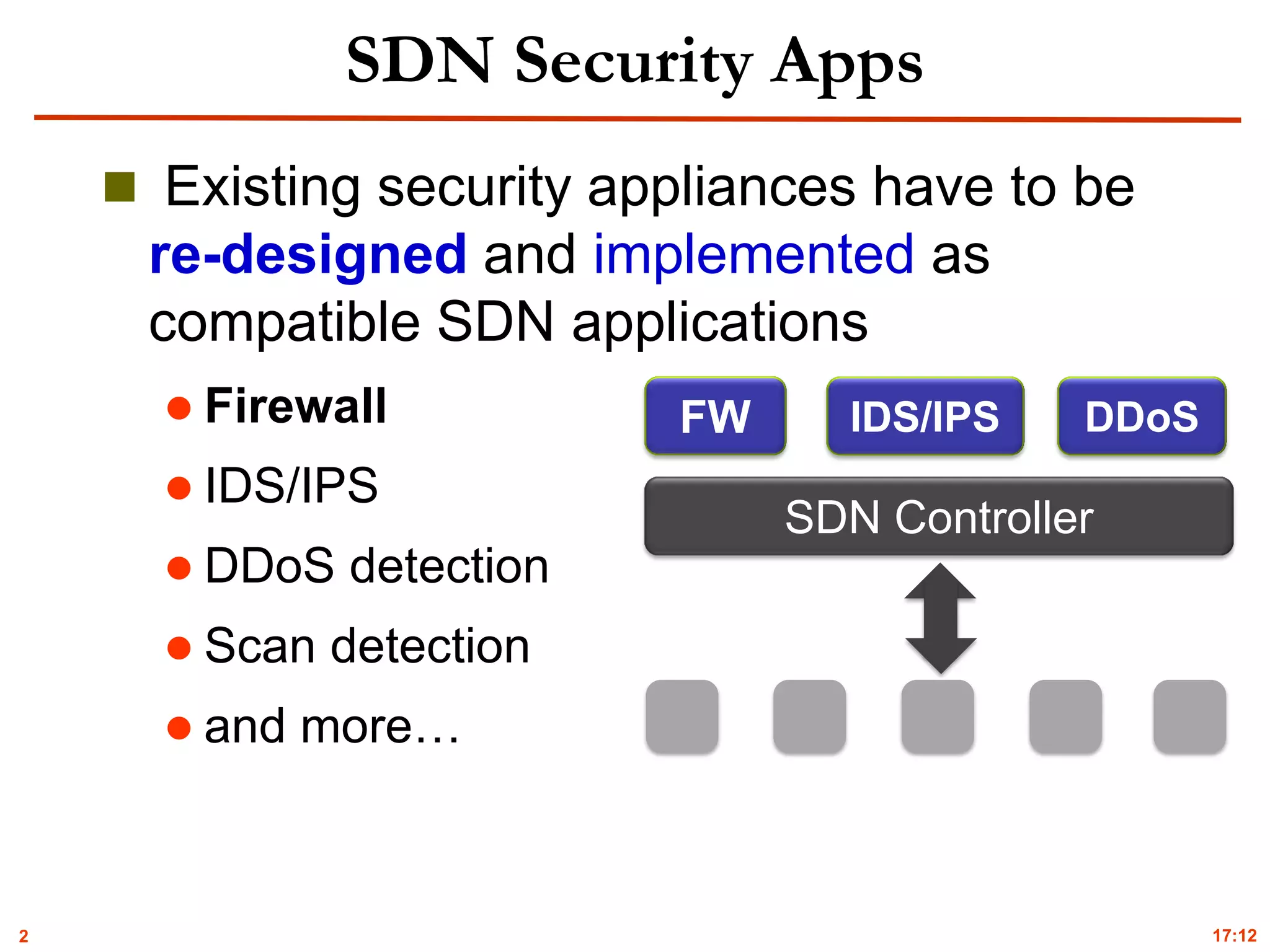 2
SDN Security Apps
 Existing security appliances have to be
re-designed and implemented as
compatible SDN applications
 Firewall
 IDS/IPS
 DDoS detection
 Scan detection
 and more…
17:12
SDN Controller
FW IDS/IPS DDoS
 