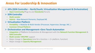  APIs (SDN Controller – North/South; Virtualization Management & Orchestration)
 Open Community/Plug-ins and Standards/Forums
 SDN Controller
 Multi-vendor
 Hybrid – New Network Elements; Deployed NE
 Virtualization Platform
 Portability -> Modular & Multi-Vendor (Processor, Hypervisor, Storage, NIC..)
 Common Virtual Platform
 Orchestration and Management->Zero Touch-Automation
 Integration of Platform Orchestration & Management with the Network Function Management &
SDN Controller
 Multi-vendor VNF/PNF support
 Major change in Operations (one for a function -> 2+ platform, function)
 Major change in Capacity Management
Areas For Leadership & Innovation
© 2013 AT&T Intellectual Property. All rights reserved. AT&T, Globe logo and other marks are trademarks of AT&T Intellectual Property.10
 