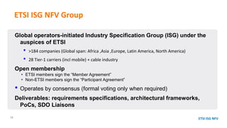 Global operators-initiated Industry Specification Group (ISG) under the
auspices of ETSI
• >184 companies (Global span: Africa ,Asia ,Europe, Latin America, North America)
• 28 Tier-1 carriers (incl mobile) + cable industry
Open membership
• ETSI members sign the “Member Agreement”
• Non-ETSI members sign the “Participant Agreement”
• Operates by consensus (formal voting only when required)
Deliverables: requirements specifications, architectural frameworks,
PoCs, SDO Liaisons
ETSI ISG NFV Group
13
ETSI ISG NFV
 