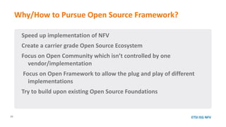 ETSI ISG NFV
Speed up implementation of NFV
Create a carrier grade Open Source Ecosystem
Focus on Open Community which isn’t controlled by one
vendor/implementation
Focus on Open Framework to allow the plug and play of different
implementations
Try to build upon existing Open Source Foundations
Why/How to Pursue Open Source Framework?
20
 