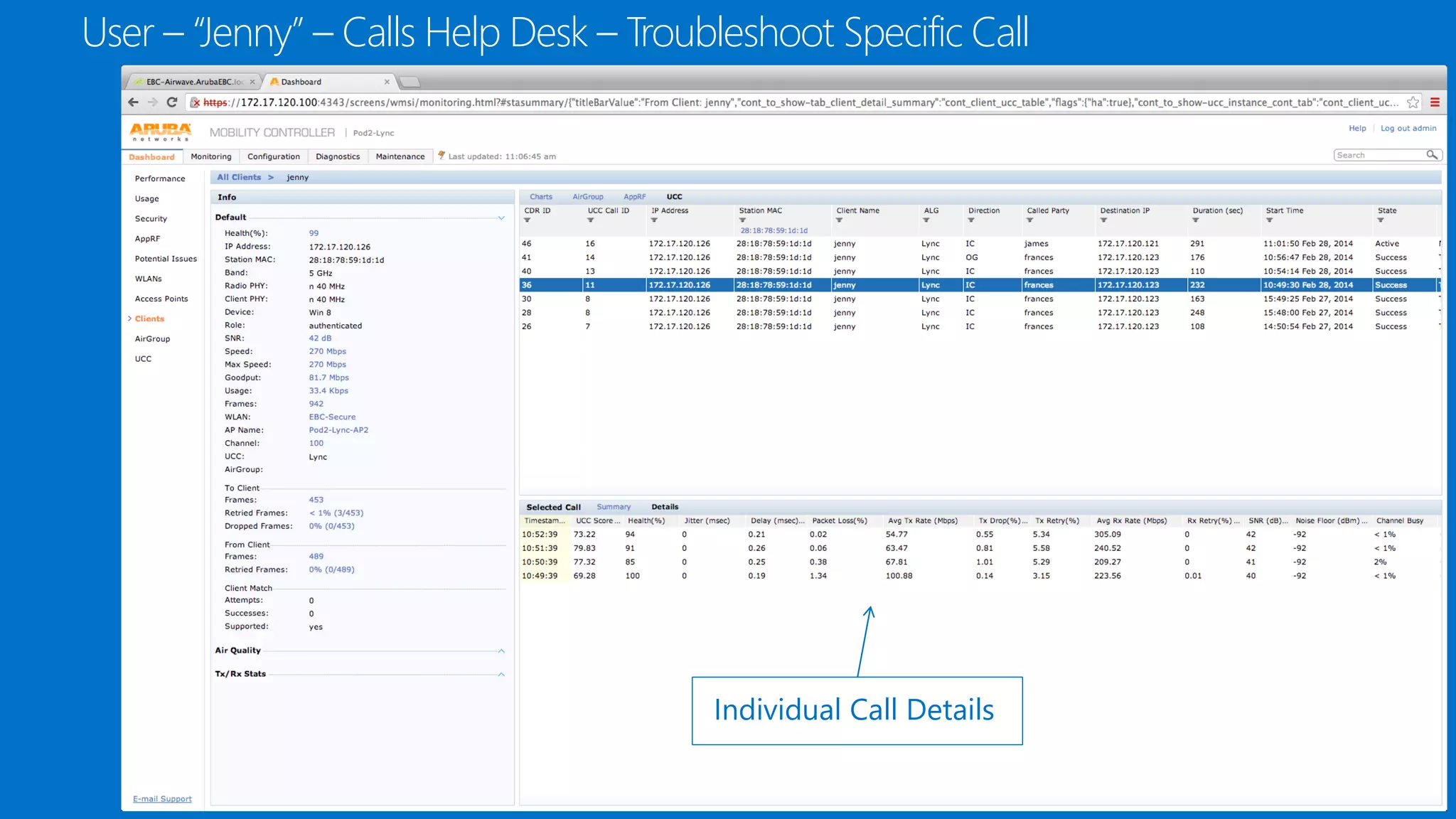 User – “Jenny” – Calls Help Desk – Troubleshoot Specific Call
Individual Call Details
 