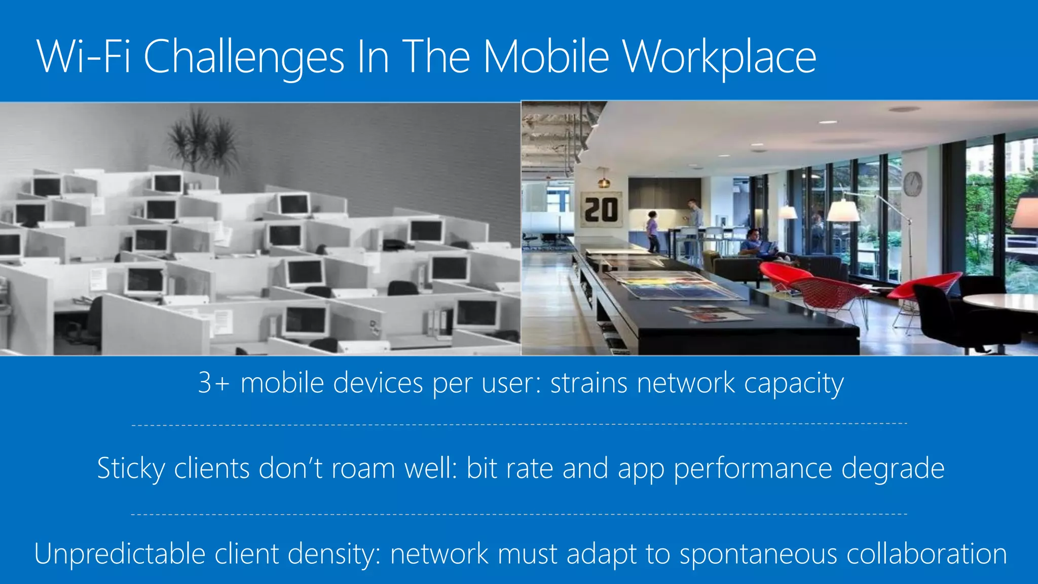 3+ mobile devices per user: strains network capacity
Sticky clients don’t roam well: bit rate and app performance degrade
Unpredictable client density: network must adapt to spontaneous collaboration
Wi-Fi Challenges In The Mobile Workplace
 