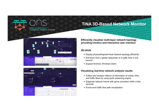 Visualizing real-time network analysis results
§ Collect and analyze millions of information of nodes, links,
and traffic flows by using spark streaming engine
§ Diagnose network events with game animation within a few
seconds
§ End-to-end traffic flow path visualization
3D UI/UX
§ Display physical/logical/virtual network topology efficiently
§ Drill down from a global datacenter to a traffic flow in one
second
§ Support Android, Windows Client
Efficiently visualize multi-layer network topology
providing intuitive and interactive user interface
TiNA 3D-Based Network Monitor
 