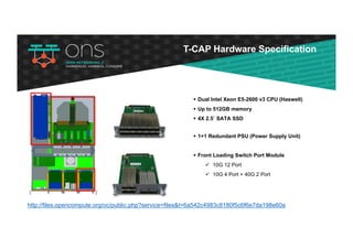 T-CAP Hardware Specification
§ Dual Intel Xeon E5-2600 v3 CPU (Haswell)
§ Up to 512GB memory
§ 4X 2.5` SATA SSD
§ 1+1 Redundant PSU (Power Supply Unit)
§ Front Loading Switch Port Module
ü 10G 12 Port
ü 10G 4 Port + 40G 2 Port
http://files.opencompute.org/oc/public.php?service=files&t=6a542c4983c8180f5c6f6e7da198e60a
 