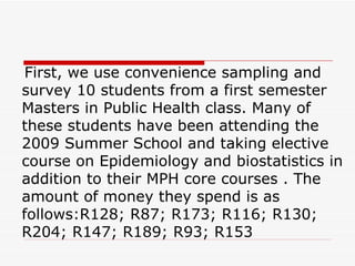 First, we use convenience sampling and survey 10 students from a first semester Masters in Public Health class. Many of these students have been attending the 2009 Summer School and taking elective course on Epidemiology and biostatistics in addition to their MPH core courses . The amount of money they spend is as follows:R128; R87; R173; R116; R130; R204; R147; R189; R93; R153 