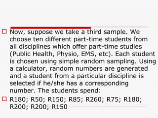 Now, suppose we take a third sample. We choose ten different part-time students from all disciplines which offer part-time studies (Public Health, Physio, EMS, etc). Each student is chosen using simple random sampling. Using a calculator, random numbers are generated and a student from a particular discipline is selected if he/she has a corresponding number. The students spend: R180; R50; R150; R85; R260; R75; R180; R200; R200; R150 