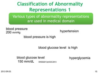 hypertension
Classification of Abnormality
Representations 1
blood pressure
200 mmHg
blood pressure is high
Various types of abnormality representations
are used in medical domain
blood glucose level
150 mm/dL
blood glucose level is high
hyperglycemia
2013/09/03 10
ONSD2013@ICEC2013
 