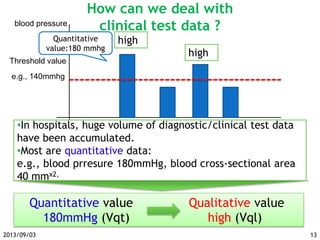 How can we deal with
clinical test data ?
•In hospitals, huge volume of diagnostic/clinical test data
have been accumulated.
•Most are quantitative data:
e.g., blood prresure 180mmHg, blood cross-sectional area
40 mmx2,
Quantitative value Qualitative value
180mmHg (Vqt) high (Vql)
Quantitative
value:180 mmhg
Threshold value
blood pressure
high
13
high
e.g., 140mmhg
2013/09/03
 