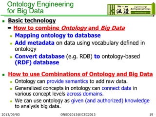 Ontology Engineering
for Big Data
 Basic technology
= How to combine Ontology and Big Data
 Mapping ontology to database
 Add metadata on data using vocabulary defined in
ontology
 Convert database (e.g. RDB) to ontology-based
(RDF) database
 How to use Combinations of Ontology and Big Data
 Ontology can provide semantics to add raw data.
 Generalized concepts in ontology can connect data in
various concept levels across domains.
 We can use ontology as given (and authorized) knowledge
to analysis big data.
2013/09/03 19ONSD2013@ICEC2013
 